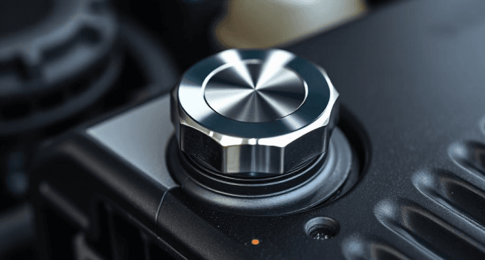Close-up of a polished silver radiator cap on an engine component