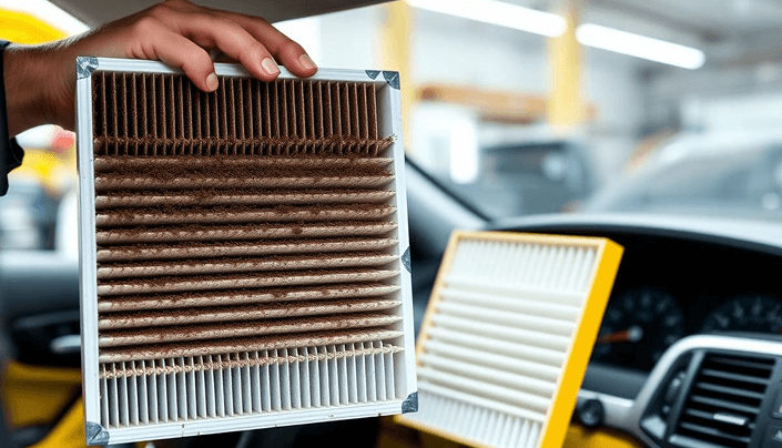 Dirty car air filter held up next to a clean replacement filter