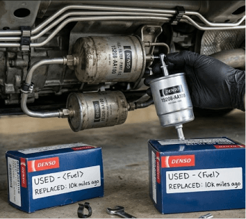 Mechanic replacing a fuel filter under a vehicle