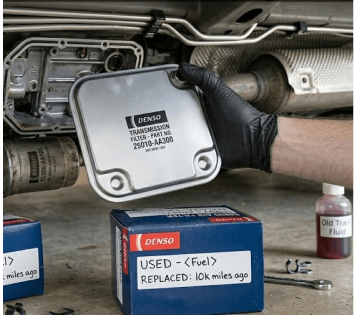 Transmission filter replacement service in progress
