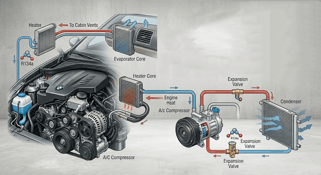 Diagram showing how a car air conditioning system works