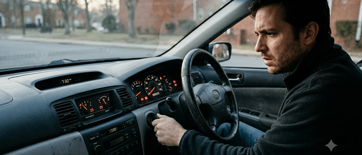 Driver struggling to start a car with a weak battery