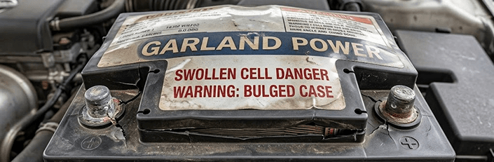 Swollen car battery case with danger warning label