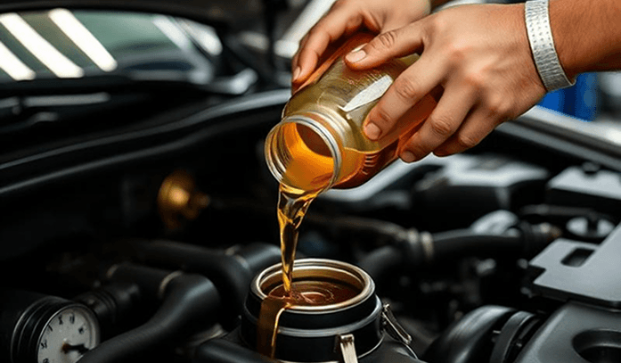 Pouring fresh engine oil into a car engine