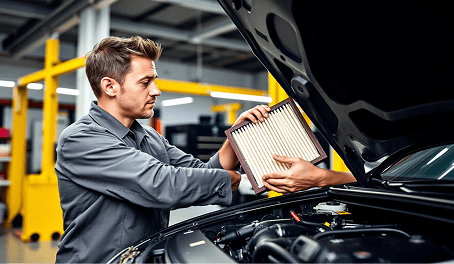 Technician showing an air filter to a customer