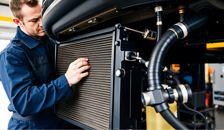 Technician inspecting a radiator under the hood