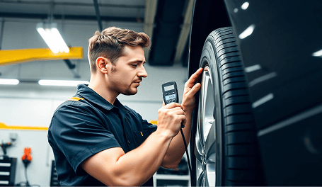 Technician checking tire pressure with a gauge
