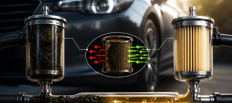 Dirty clogged fuel filter next to a clean new yellow filter with flow diagram