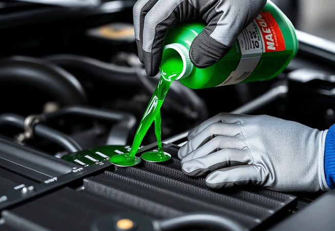 Mechanic pouring bright green radiator coolant into a vehicle radiator