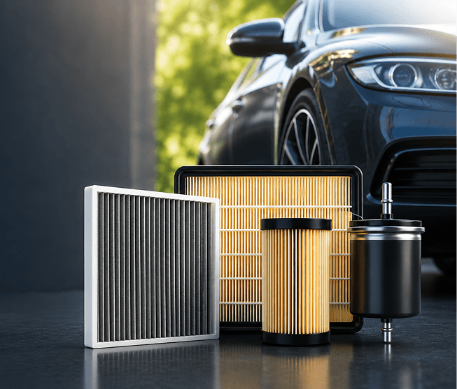 Assortment of cabin, air, oil, and fuel filters with a car in the background