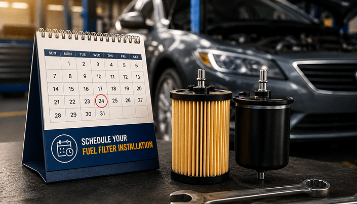 Calendar marked for fuel filter installation next to new fuel filters and a wrench