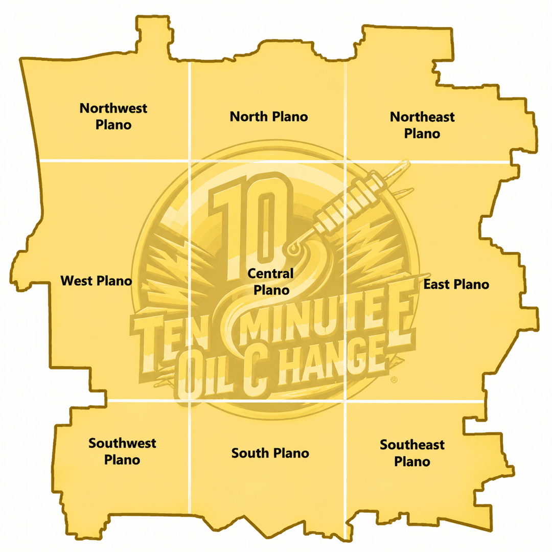 Ten Minute Oil Change Plano service center and nearby service areas map