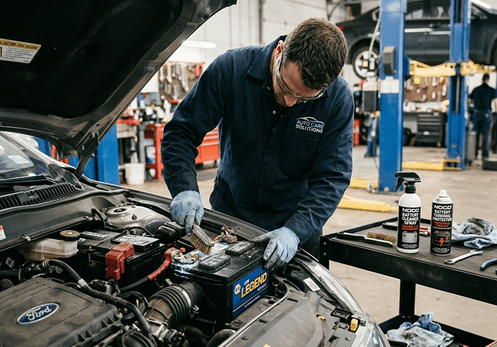 Mechanic working on a car battery under the hood