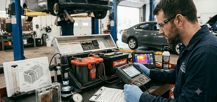 Technician using diagnostic equipment on a car battery