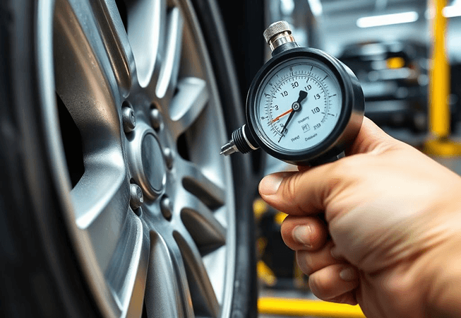 Hand checking tire pressure with an analog gauge on a car tire