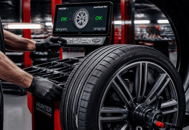 Technician balancing a tire on a Hunter wheel balancing machine